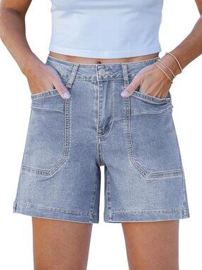 Women's Blue Trendy Mid Rise Summer Jorts Stretchy Denim Shorts with Pockects